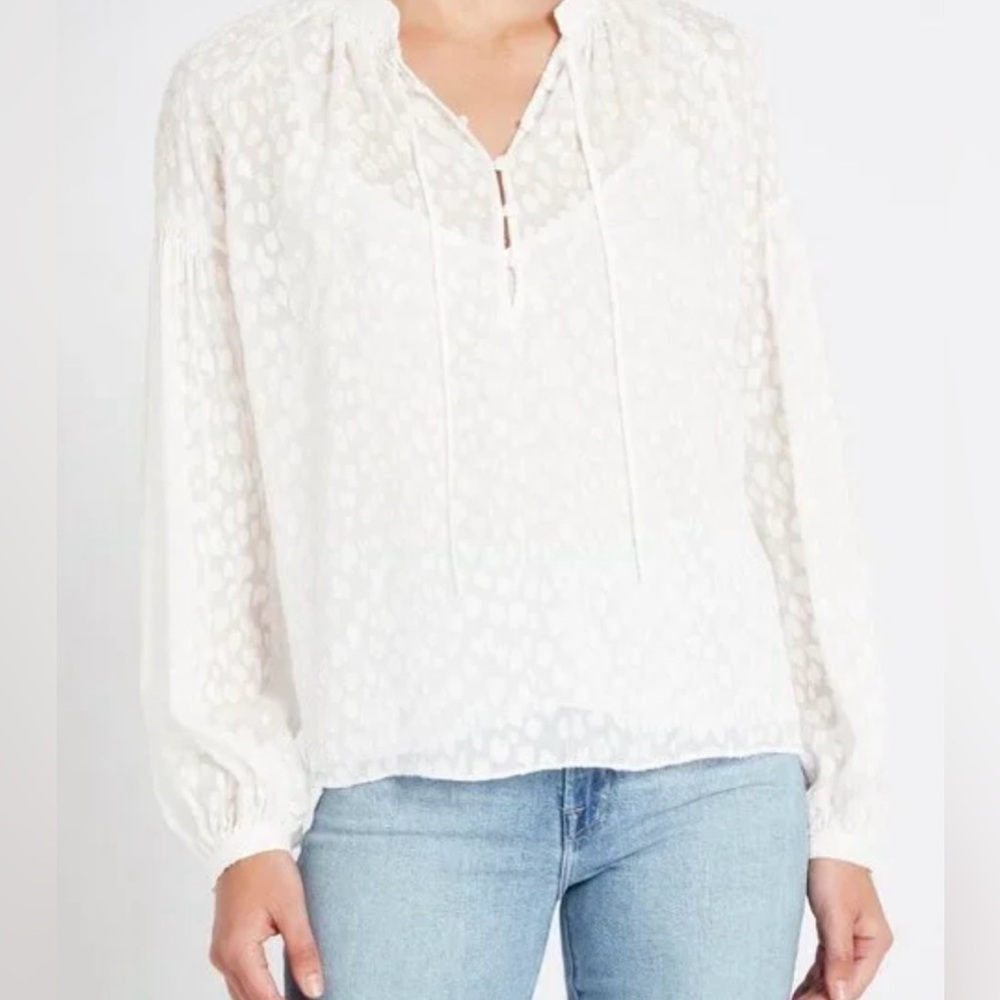 Frame Denim Cream Silk Blend Textured V-Neck Long Sleeve Blouse - Size S